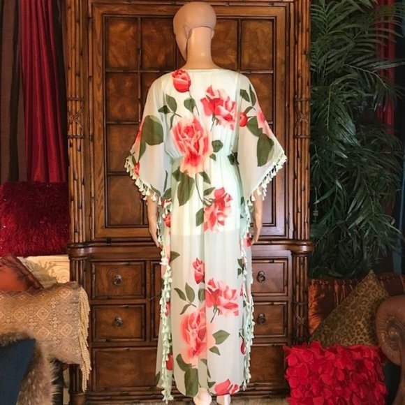 NWOT Chiffon Aqua Floral Tassel Tie Front Kimono Duster - Picture 3 of 12